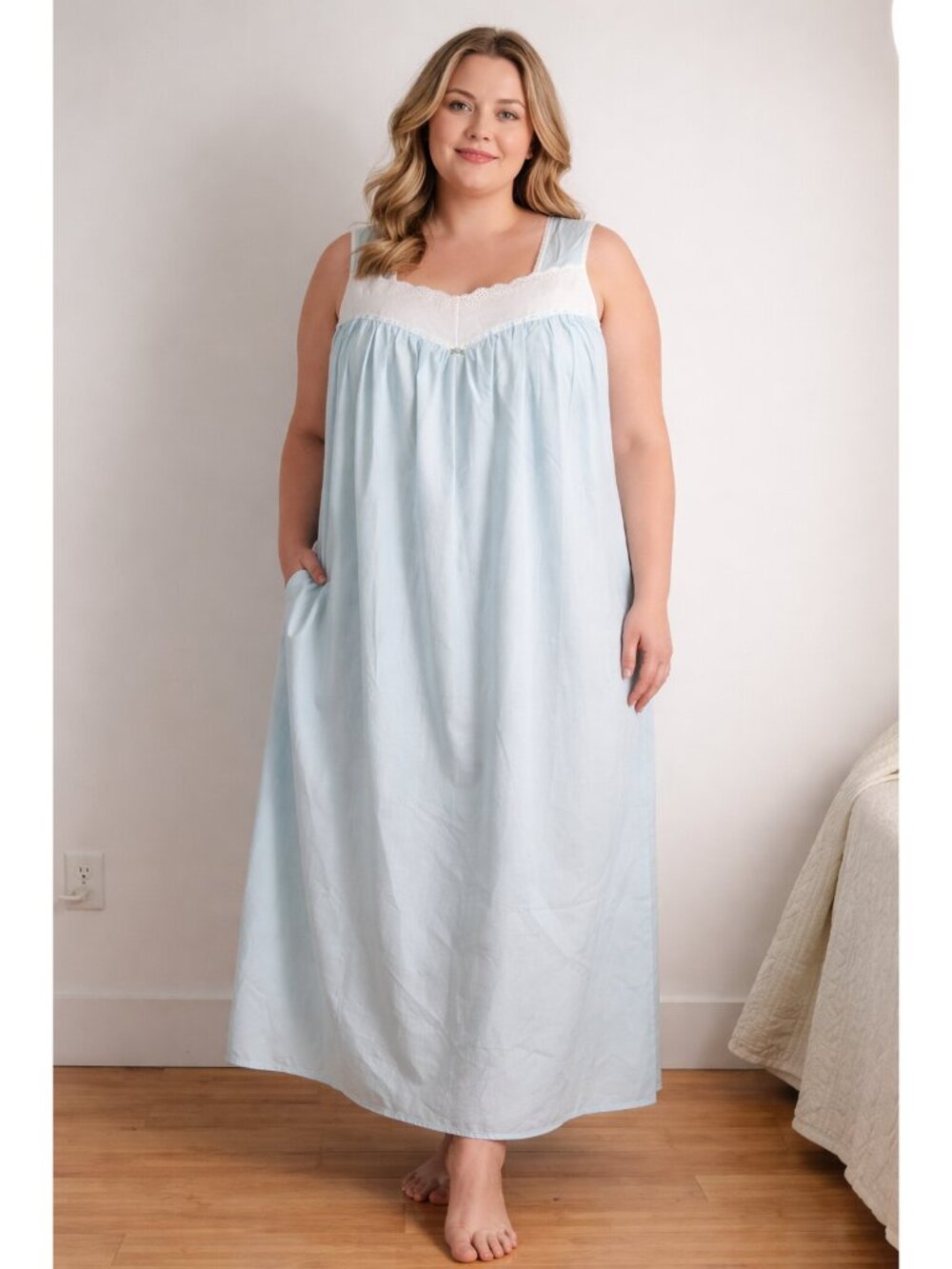 French Maid Plus XL Long Ballet Nightgown Sleeveless Eyelet Lace Front Panel